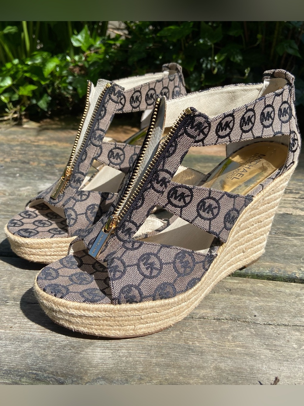 Michael Kors Tan and Black Monogram Espadrille Wedge Sandals